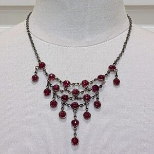 NWT Beckwoman 18" Deep Red Gemstone Oxidized Silvertone Drop Necklace